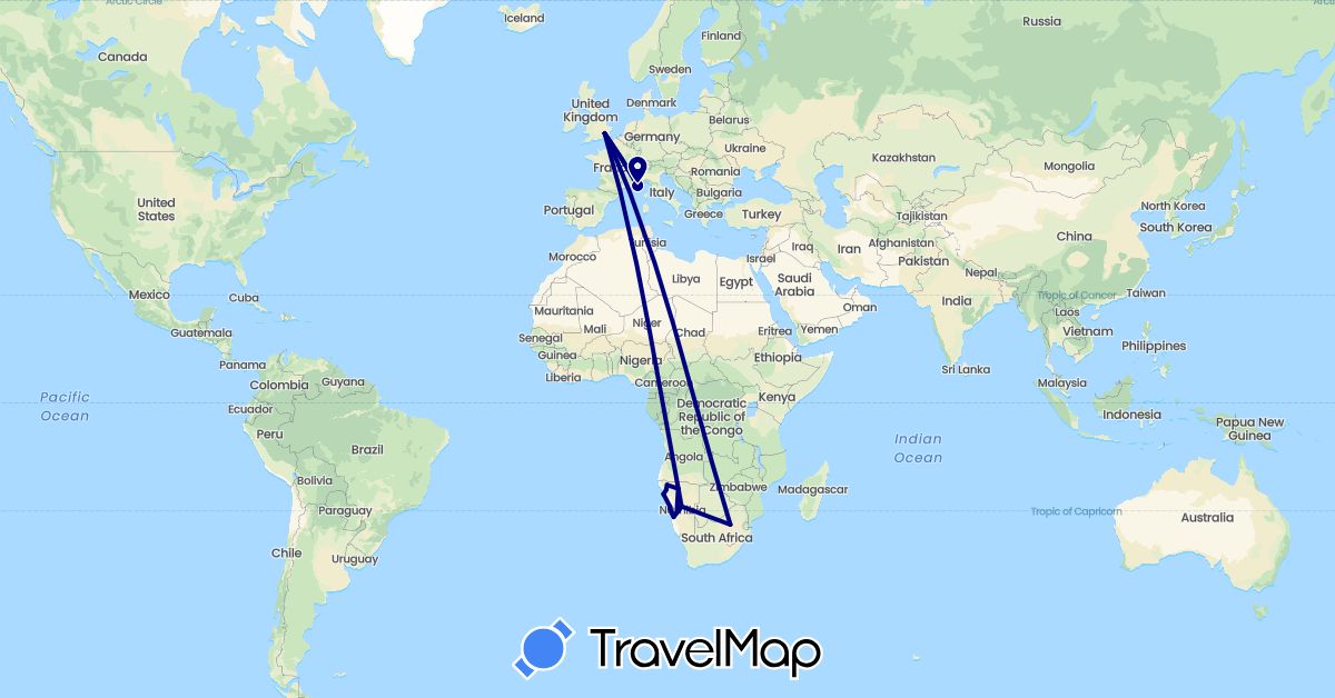 TravelMap itinerary: driving in France, United Kingdom, Namibia, South Africa (Africa, Europe)