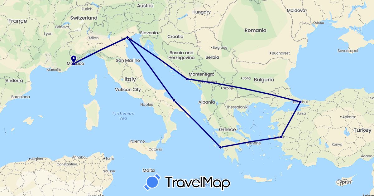 TravelMap itinerary: driving in France, Greece, Croatia, Italy, Turkey (Asia, Europe)
